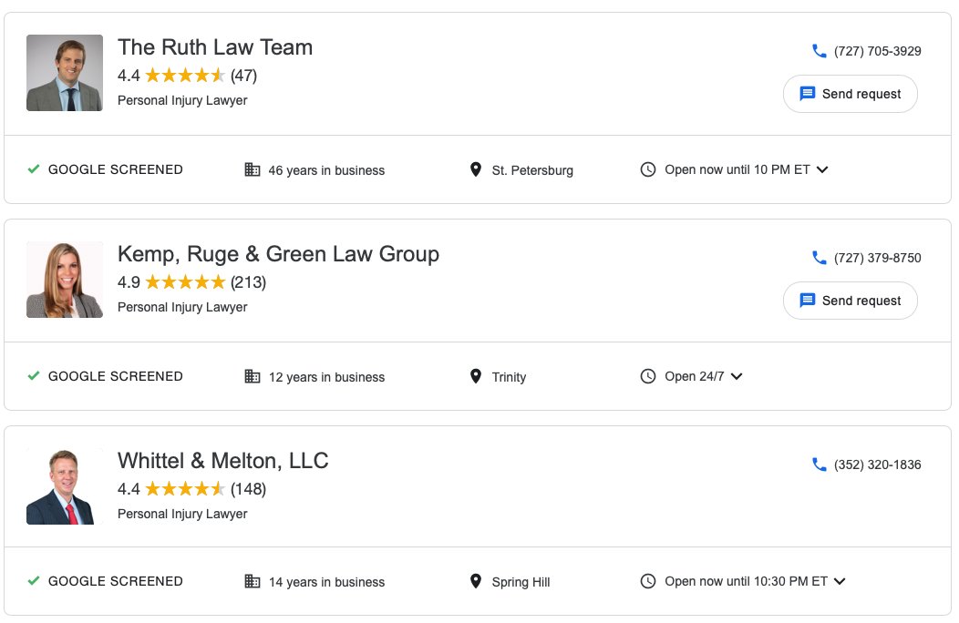 leannpickard's tweet image. I spy personal injury #attorney pictures within the list of LSAs. This definitely helps break up the long list of law firms. #ppchat #localppc #ppc #legalmarketing