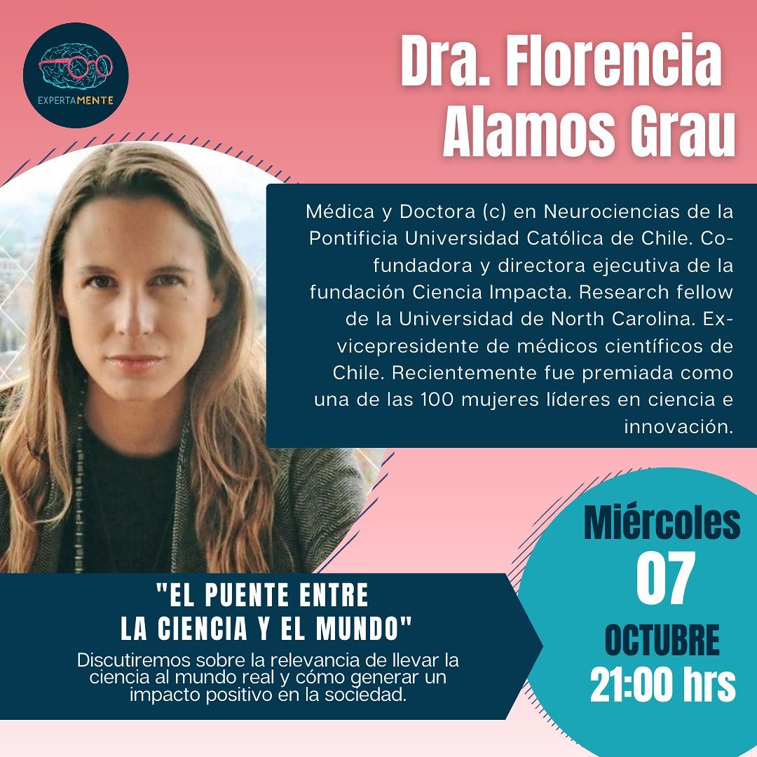 Encasaquepasa's tweet photo. ¡Hoy en @expertamente ! No se pierdan esta importante entrevista a Florencia Alamos, co-fundadora de @cienciaimpacta y premiada como una de las #100MujeresLíderes2020 por @ElMercurio_cl y 
@MEmpresarias 
Felicidades Florencia🥰 https://t.co/IoKFgOjKWM