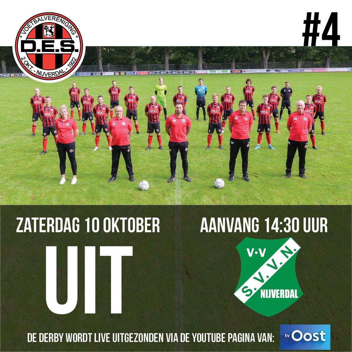 De derby SVVN - DES zal zaterdag live uitgezonden worden! Het bestuur van <a href="/vvSVVN/">vv S.V.V.N nijverdal</a>  heeft contact gezocht met RTV Oost en nu kan ondanks de aangescherpte maatregelen de derby van Nijverdal toch gevolgd worden! De live-stream is beschikbaar via het Youtube kanaal van RTV Oost.