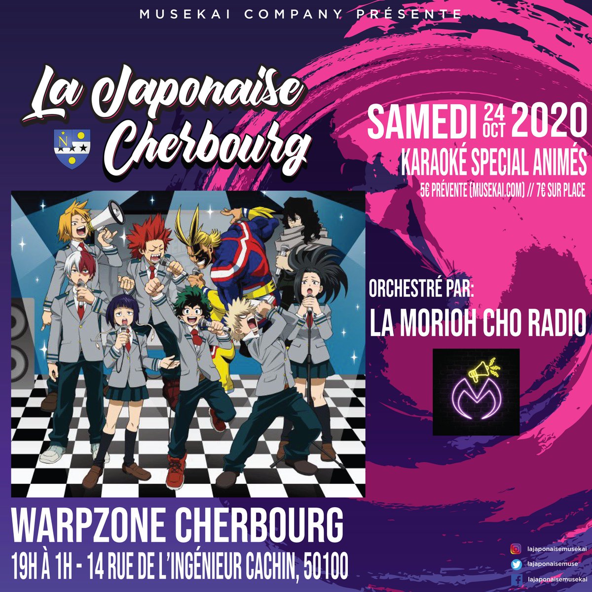 musekai's tweet photo. La Japonaise Cherbourg #1 - KARAOKÉ SPECIAL ANIMÉS 
🎤
Ce n'est plus une surprise le collectif d'ambianceur @WeLoveMorioCho viendra mettre le feu à #cherbourg avec un karaoké Spécial #animes
🎤
Entrée: 5€ prévente (limitées) // 7€ sur place
https://t.co/jHcoOGXz1R https://t.co/OLv3ik1GA4