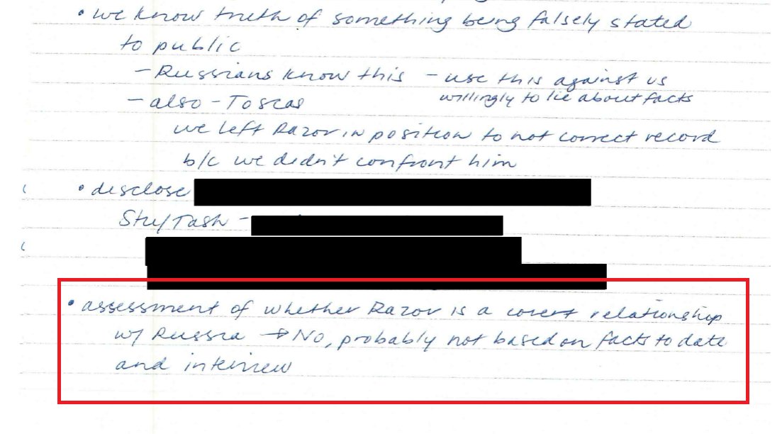 Assessment of whether Flynn is in a "covert relationship w/ Russia":"No, probably not based on facts to date and interview."Will be necessary to compare this to the Flynn NSLs handled by Clinesmith. Possible predication issues. (See pic)