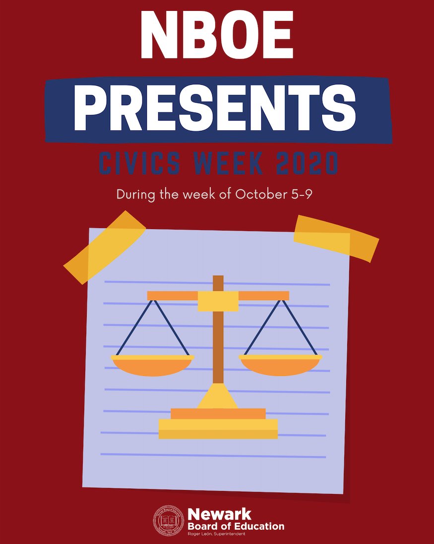NPSvoices's tweet photo. The NBOE is proud to announce Civics Week 2020! 📩⚖️
During the week of October 5-9, students in grades 6-12 will engage in learning about civic engagement and democratic participation during their social studies and history classes. #NewarkPublicSchools #CivicsWeek2020 #VOTE https://t.co/DGdZoTLESP