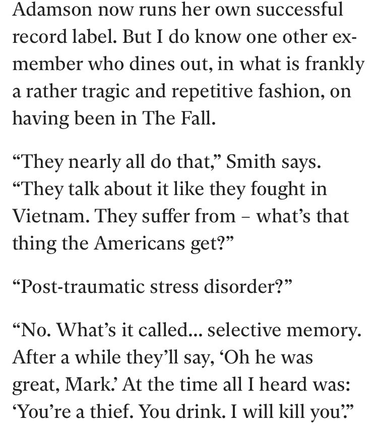 if you aren’t noticing the pattern that’s emerging as more and more members come and go over the years, most musicians who leave the fall do so because of mark e. smith. here’s some great quotes of MES responding to this topic when it comes up in a 2011 interview