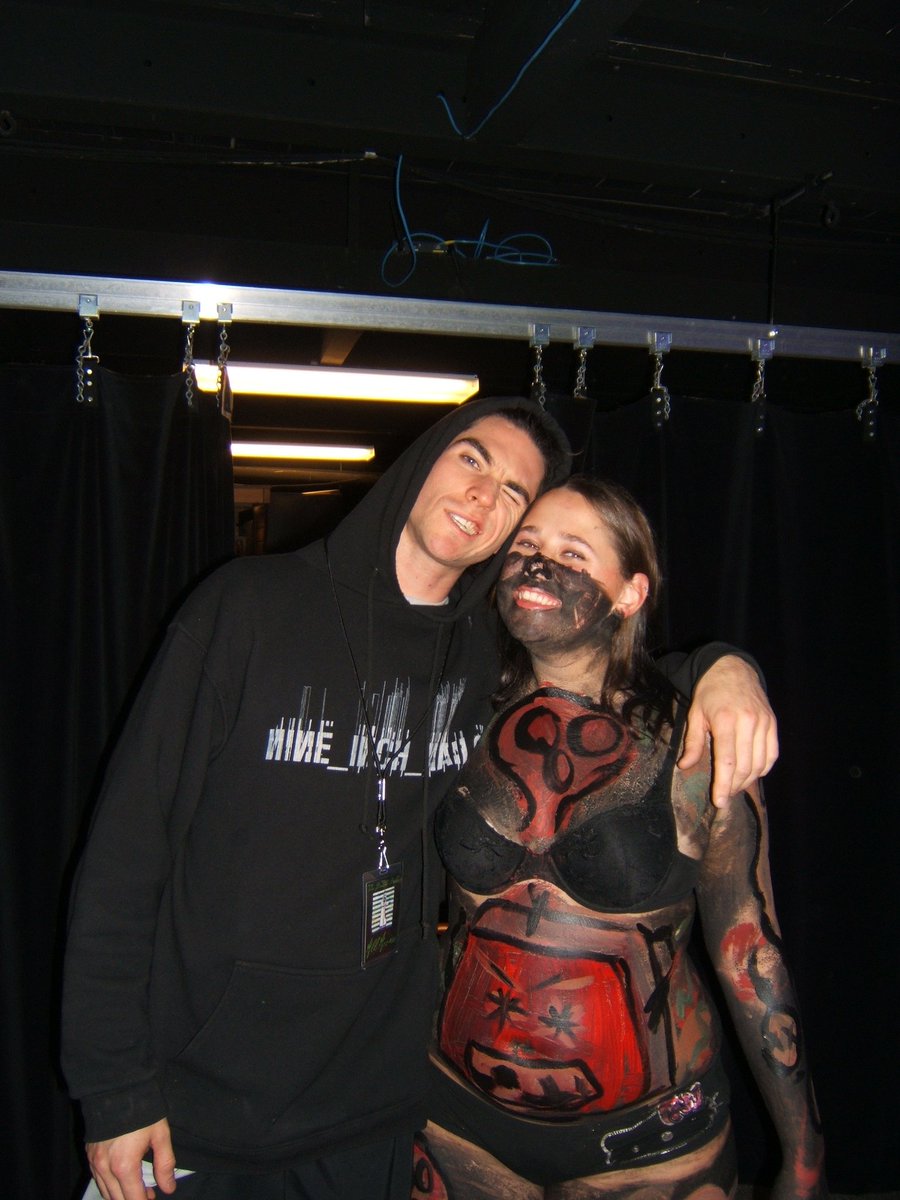 Twitchy_Kitten's tweet photo. Oct 2006 I was a human canvas during a performance of @theredpaintings when they opened for @DresdenDolls I was covered in black paint, given an amazing mask &amp; stood onstage the entire set, on the drums platform. As they played, a painter went to town. #31daysofHalloween https://t.co/th9p3zql0U