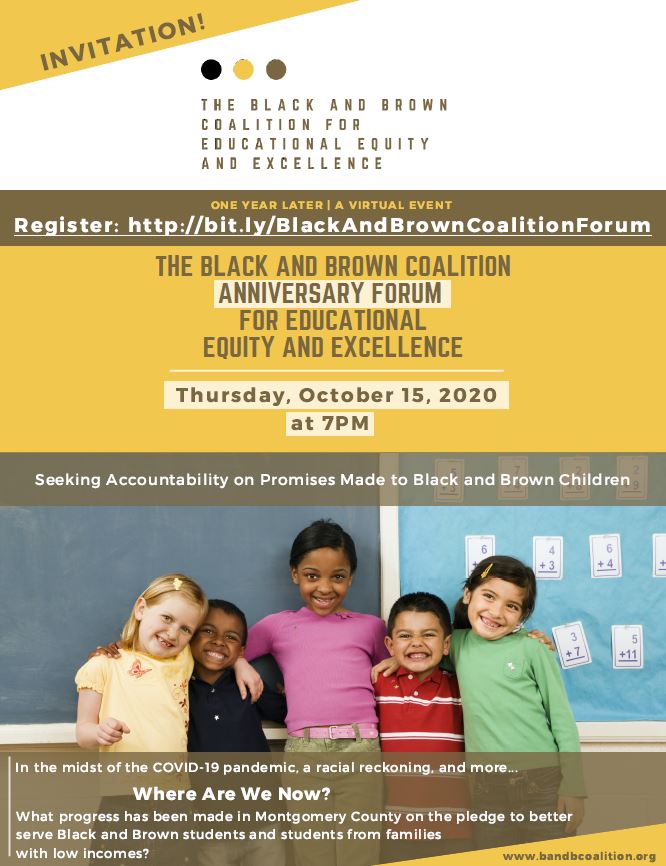 The Black and Brown Coalition for Educational Equity and Excellence will hold a virtual forum at 7 p.m. Oct. 15. Learn more and register here: zoom.us/webinar/regist…