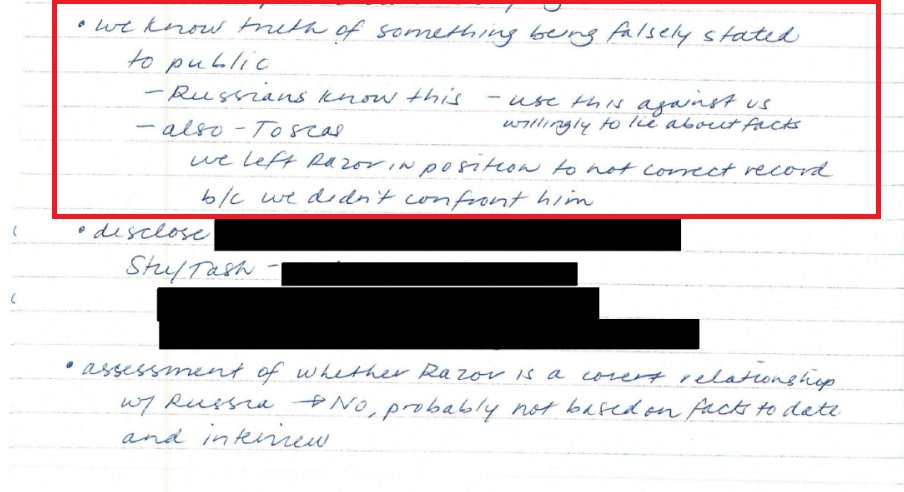 Here we see the dubious Russia "blackmail" theory emerge. Notable that there was no discussion of materiality.Also - concession that "we left [Flynn] in position to not correct record b/c we didn't confront him"Full doc: https://www.scribd.com/document/479125616/Flynn-Fifth-Supplement-in-Support-of-Agreed-Dismissal