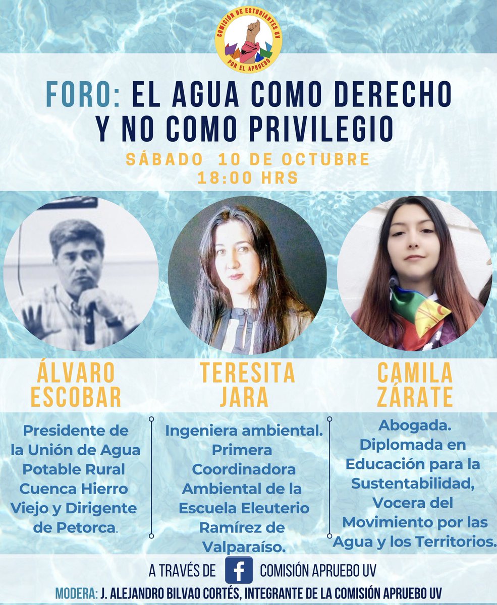 capruebouv's tweet photo. ¡Les invitamos a nuestro tercer foro ''El Agua como Derecho y NO como Privilegio''!

Estrenaremos nuestra plataforma de Stream por nuestro Facebook Comisión Apruebo UV este sábado 10 de octubre a las 18hrs.

Les esperamos ✊🏼💙

#APRUEBO #ConvencionConstitucional #AGUA #Chile https://t.co/qUBFgWGrx9