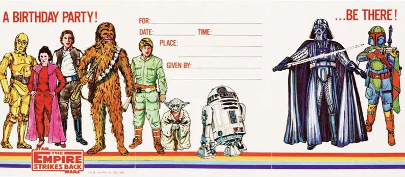 WeirdlandTales's tweet image. A grab bag of THE EMPIRE STRIKES BACK merch: action transfers, a party invitation, pillow cases, T-shirt transfers.