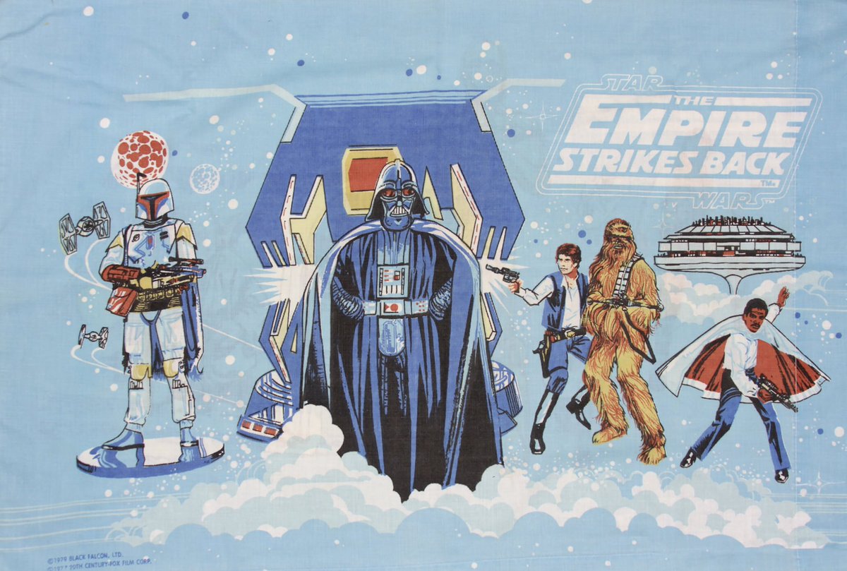 WeirdlandTales's tweet image. A grab bag of THE EMPIRE STRIKES BACK merch: action transfers, a party invitation, pillow cases, T-shirt transfers.