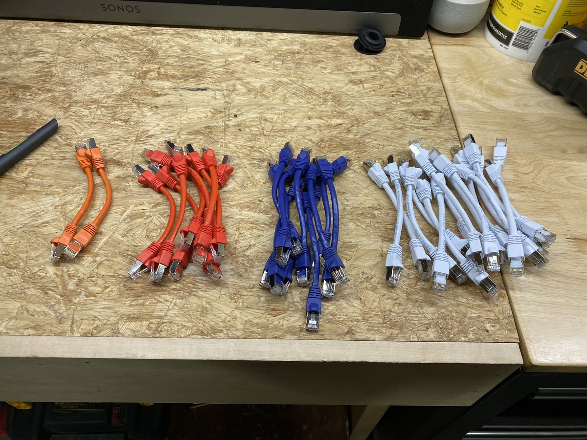 Cables! White is primary/ trunk network, orange is 10Gb, blue is any guest, red will be for external VLAN (fiber will terminate in this switch when it’s installed). I know I’ll need >6in later - just got enough for now and then I’ll see what distances I need much more easily: