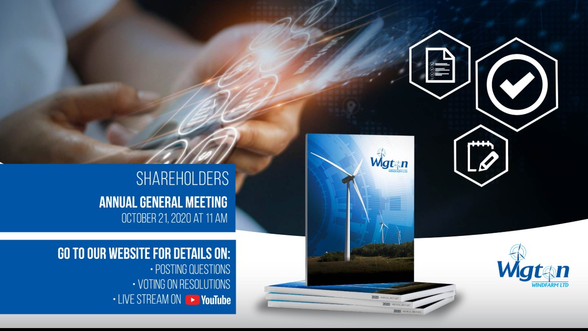 Shareholders can vote on resolutions &amp; submit questions to our Company’s Leadership Team ahead of the #AnnualGeneralMeeting which will be held on October 21 at 11 am via live stream on our YouTube channel. For details &amp; instructions go to  bit.ly/2I9OWjP
#WigtonWindfarm