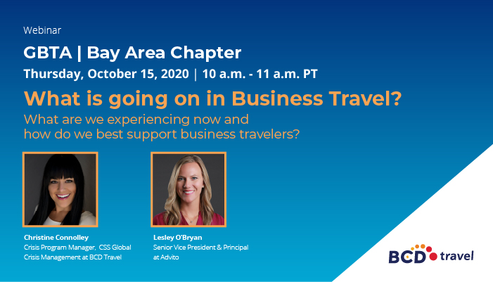 BCDTravel's tweet photo. How do #travelmanagers, #travelprograms, travelers and vendors evolve for what’s ahead? Join this webinar with BCD’s Christine Connolley and Advito’s Lesley O’Bryan to understand how to best support your business travelers. Register here: https://t.co/cGULv7CRva
@AdvitoTravel https://t.co/KCQkcI9wpA