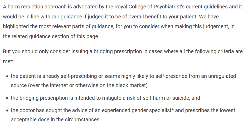 The General Medical Council has more explicit advice for GPs on how to implement the RCP's guidance on bridging prescriptions. You can also refer your GP to this:  https://www.gmc-uk.org/ethical-guidance/ethical-hub/trans-healthcare#mental-health-and-bridging-prescriptions