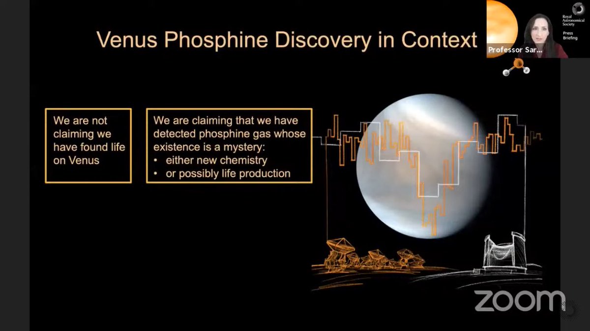 The Venus phosphine discovery mainly received nuanced and non-clickbait media coverage.This was thanks to a clear press briefing by  @jgreaves6,  @ProfSaraSeager, and William Bains on the discovering team. Here’s Seager’s opening slide.Briefing is here: 