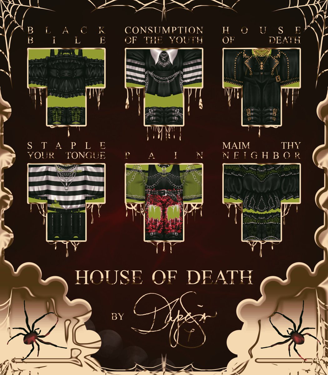 ripdope's tweet photo. 🩸"HOUSE OF DEATH" Collection Reveal!🩸
Out next Friday, October 23rd on @Roblox

Which outfits are your favorites?

#roblox #robloxclothing #robloxart https://t.co/1KQ6WBVaYw