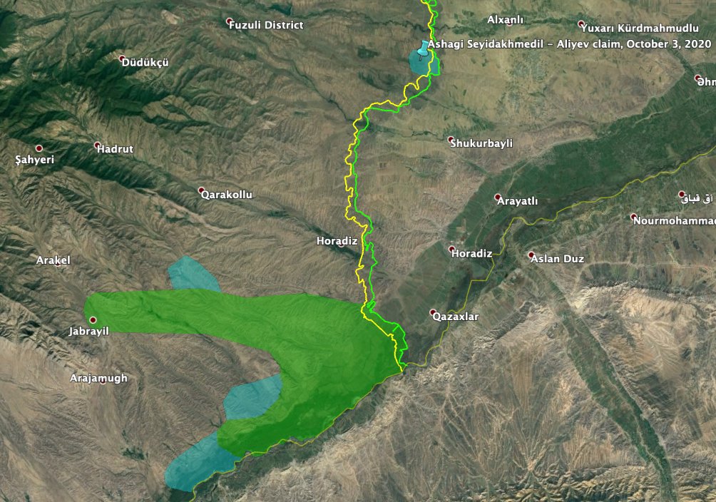 Adding Aliyev's claims (cyan), in addition to locations confirmed to be captured via geolocated footage (green)