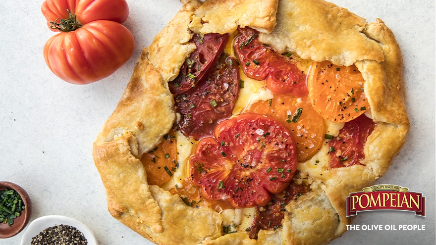 Bring this tart to life with a pour of Pompeian Organic EVOO, fresh tomatoes and cheese, all baked in one "feel-good" golden-brown crust. Talk about a simple dish that's easy to make and helps you to Eat and Live Well. Consider your dinner plans 'made☑️ bit.ly/3jEjI1S
