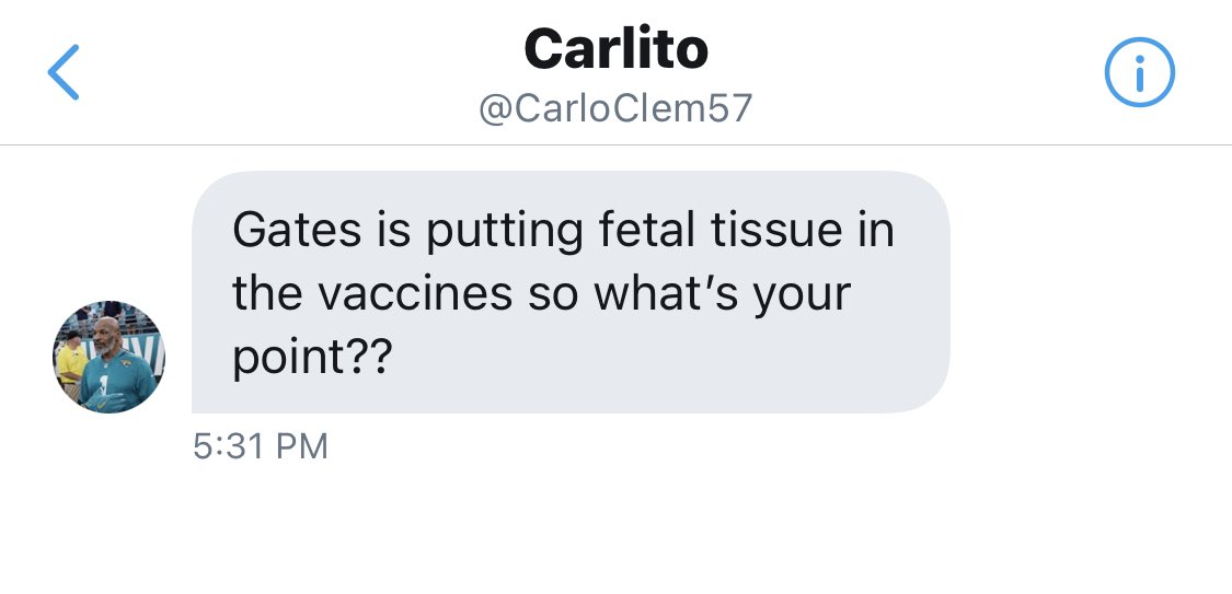 In addition to unsolicited advances from randos, (I'm happily married, BTW) I got this one. So, now Bill Gates is personally making vaccines with fetal tissue and tracking nanobots? Of course you don't get the point.*Pssst... You are reading this tweet on a tracking device.*