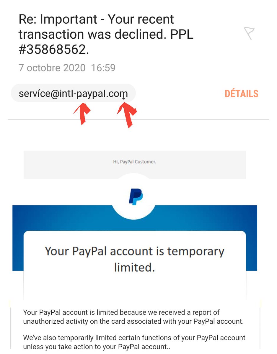 LeFiletDePeche's tweet photo. #fishing #physhing #phishing #hameçonnage #virus #vers #trojan #chevaldetroi #pourriel #scam #malware
ATTENTION aux appâts de type Paypal.
Les fraudeurs sont de plus en plus vicieux; regardez attentivement les lettres "p" et "m" dans l'adresse courriel de ĺ'envoyeur. https://t.co/r1u8HNH7P6