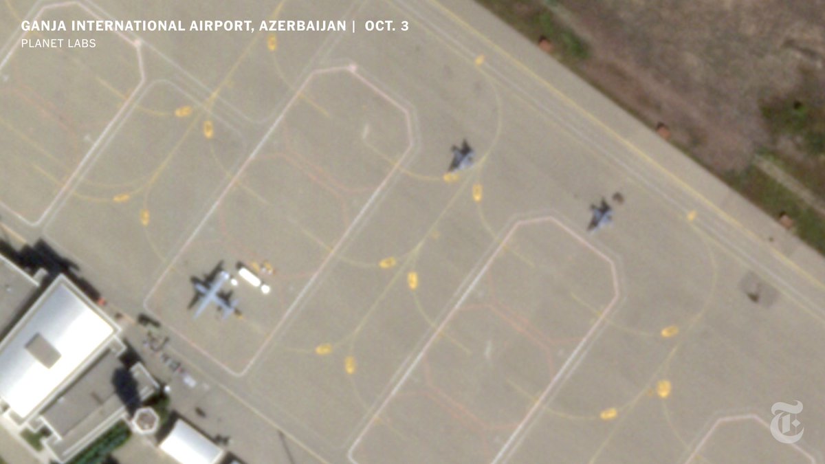 TeymurazyanR's tweet photo. Visual investigation team of @nytimes, using @planetlabs satellite images, confirms that as of Oct. 3 there are at least two F-16s at #Ganja international airport in #Azerbaijan. The jets are likely operated by the #Turkey's Air Force. #WarInKarabakh #Artsakh https://t.co/rcScNeQDgE