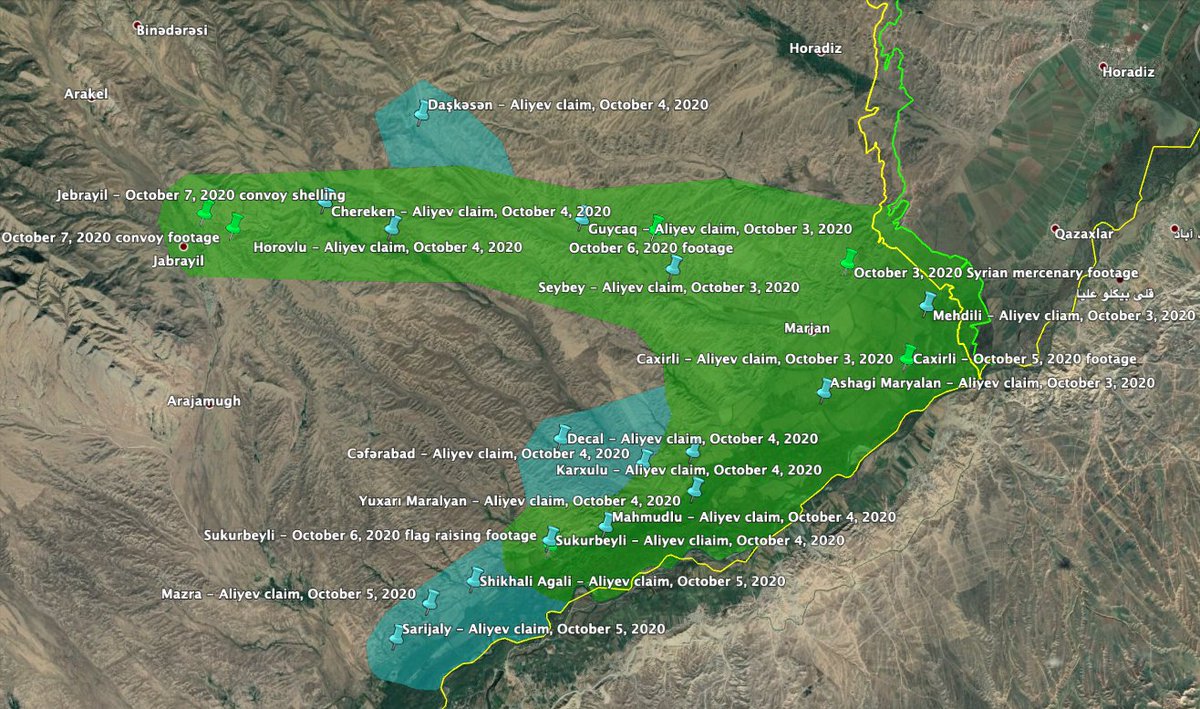 Adding Aliyev's claims (cyan), in addition to locations confirmed to be captured via geolocated footage (green)