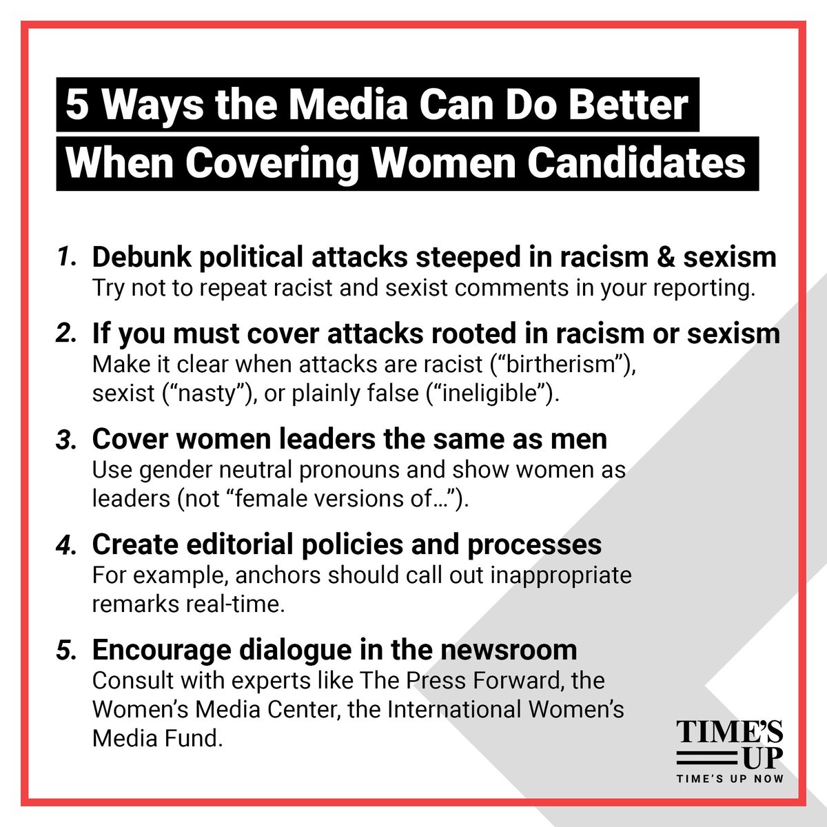 It’s BEYOND time for reporters and the public to stop perpetuating racist/sexist stereotypes & tropes. Read  @TIMESUPNOW’s advice for newsrooms for reporting on women candidates:  https://times.upnow.us/newsrooms   #WeHaveHerBack