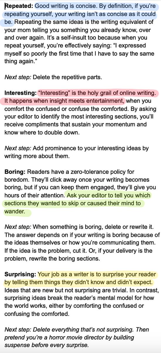 david_perell's tweet image. Whenever you ask somebody to give feedback on your writing, tell them to follow the acronym CRIBS.

It stands for confusing, repeated, interesting, boring, and surprising.

Here's my mini-article.