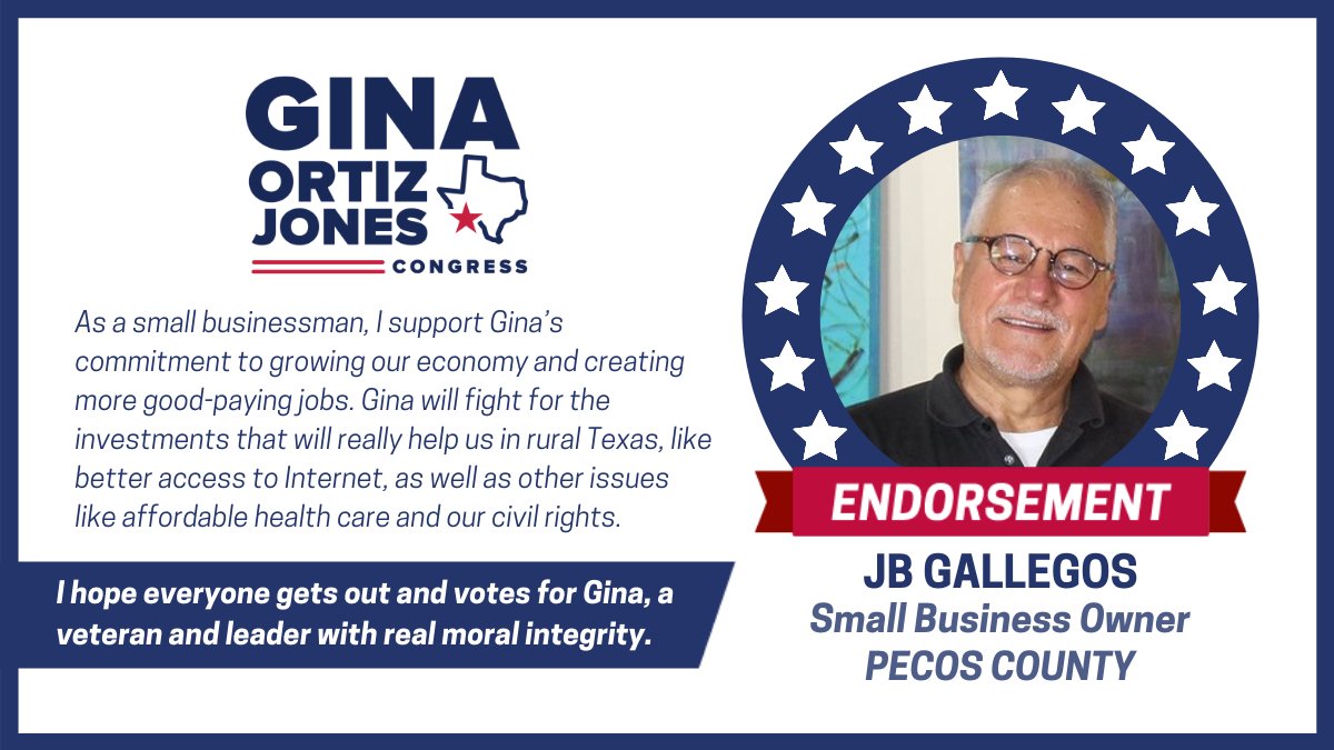 GinaOrtizJones's tweet photo. Proud to have JB on #TeamGOJ! From COVID-19 relief, to investing in clean energy, to expanding access to broadband, and lowering the cost of health care, we have to put working families and small businesses first in #TX23. https://t.co/K5ZOXlsEhG