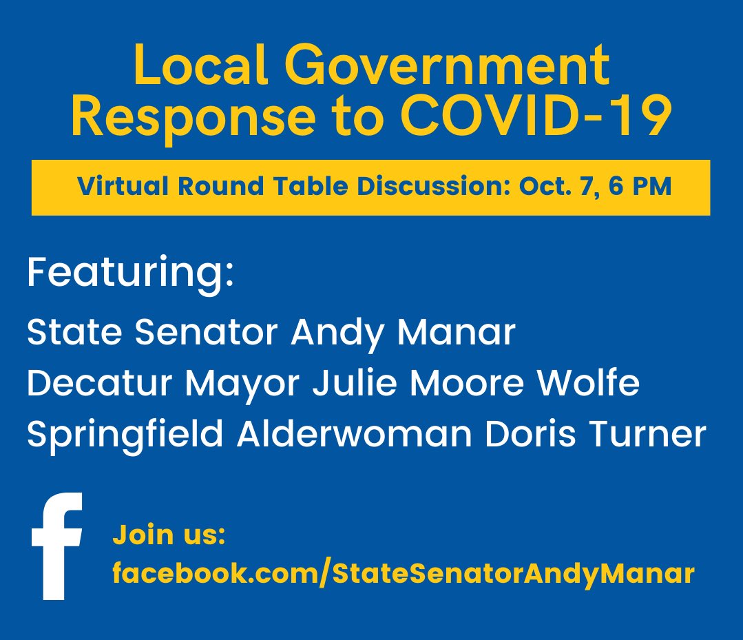 We’ll be live on Facebook at 6pm. I will be joined by Decatur Mayor <a href="/MayorMooreWolfe/">Julie Moore Wolfe</a> and Springfield Ward 3 Ald. <a href="/VoteforDoris/">Doris Turner</a>  to discuss their city’s response to COVID-19 and the challenges that are ahead. #IL48