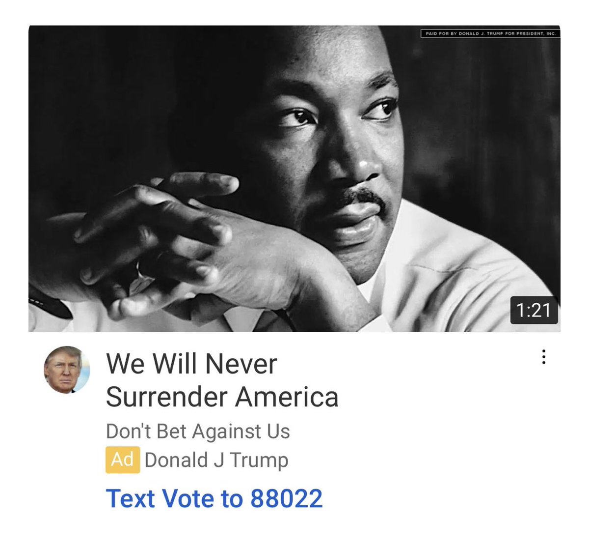 I find President Trump’s use of my father’s image in his political ad beyond insulting and not reflective of  #MLK’s commitment to creating the  #BelovedCommunity. My father should not be used in ways strongly misaligned with his vision and values,  @realDonaldTrump. (1/3)