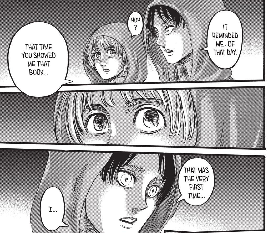 Dedicated to zoom into his eyes, that even Armin himself questions it “My eyes?”The book and his eyes are always mentioned at some point
