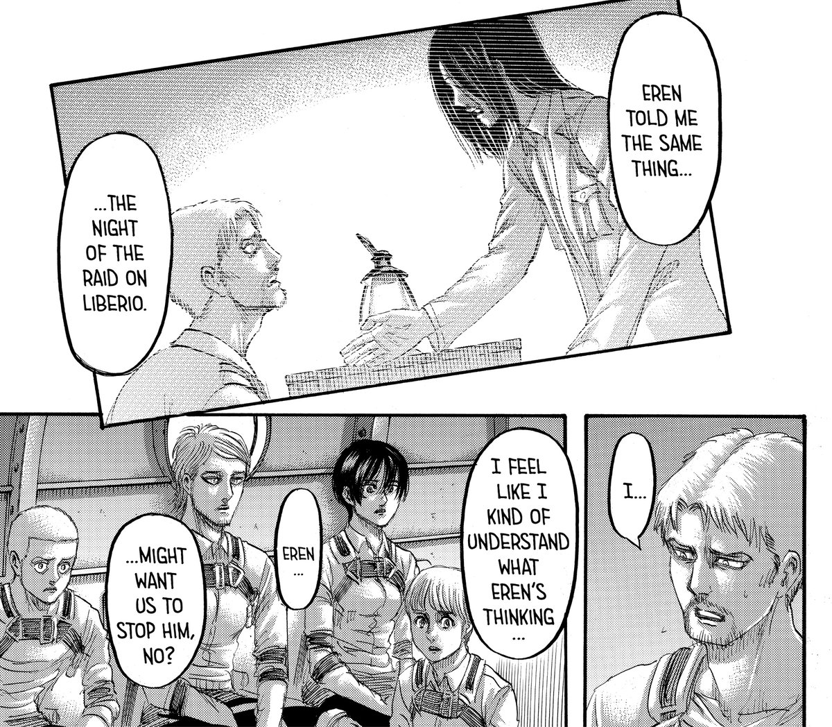 And Reiner approves backWITH THE SAME SCENE Eren told him that they were the same“I.. I feel like I kind of understand what Eren's thinking”Like they both said itHe KNOWS what Eren WANTSRefusing to sacrifice Armin, because he himself said that YOU'RE the only hope