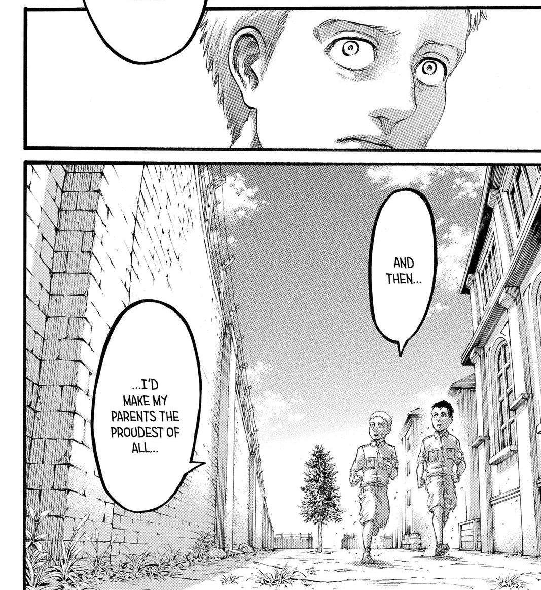 And his own character arc we get to see a glimpse of a young and bored Eren looking at the sky saying “Ah.. I wish something would happen..”And then Armin “There you are, Eren!!” knowing what happens after changes everything