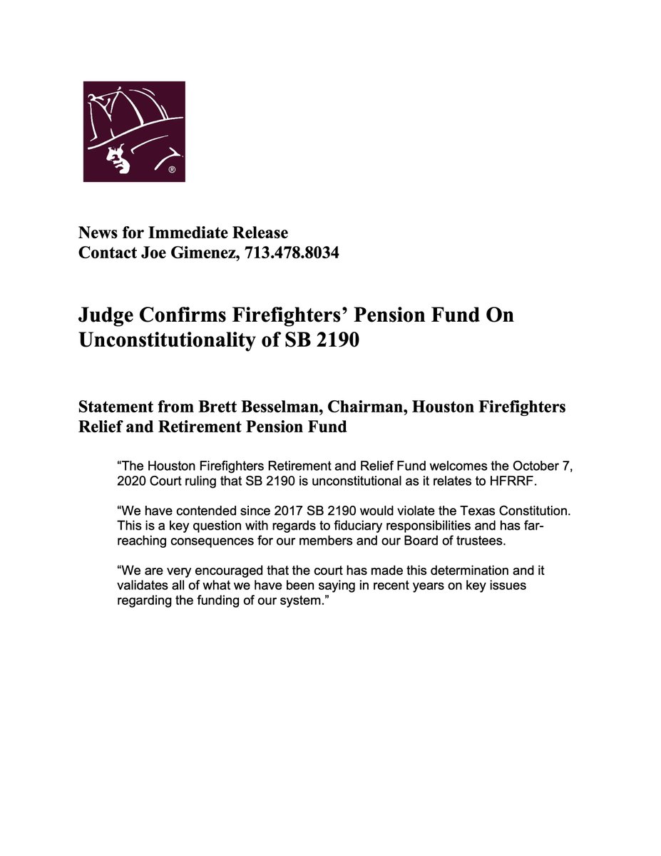 Congratulations to the Houston Firefighters Relief and Retirement Fund on its win in court today on behalf of Houston firefighters. Please see the attached statement from HFRRF Chairman Brett Besselman.