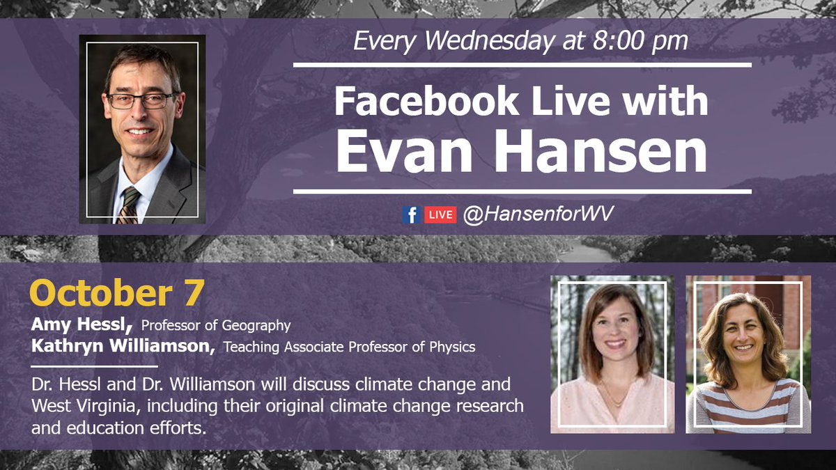 HansenForWV's tweet photo. Tonight at 8:00 we're talking about climate change in West Virginia. Hope you can join in the conversation!

Watch here on Twitter, or ask questions on Facebook Live. https://t.co/lYorWDbLgR