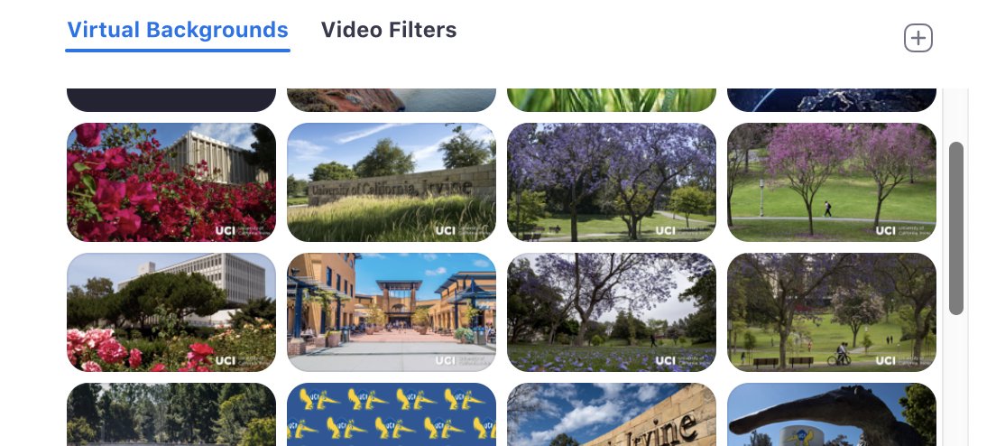UCI_OIT's tweet photo. Have you noticed the new UCI Zoom virtual backgrounds, automatically added to your app if you've downloaded the latest version of the client, Zoom 5.3.1? It's a little slice of campus at home! #UCITech https://t.co/DCICZGlKQx https://t.co/KA57eowAyf
