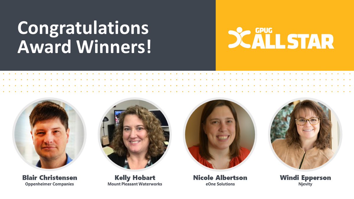 Based on your votes, we are thrilled to announce the 2020 #GPUG All Star award winners: Blair Christensen, Kelly Hobart, Nicole Albertson &amp; <a href="/WindiEpperson/">Windi Epperson</a>. Congratulations to these winners &amp; all nominees! Thank you for supporting the #MSDYNGP community. #CommunitySummitNA