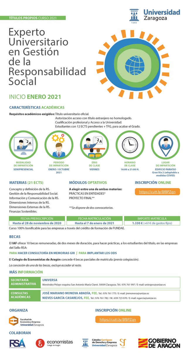 UNIZAR_TituloRS's tweet photo. #VIedicion #TituloExperto #RSC #RSE #RS @unizar 📢 Gestión de la RS
🗓️ Comienzo curso: Enero 2021
⏰ Preinscripción abierta
💸Bonificable 100% FUNDAE
♻️ Prácticas en empresas Sello RSA
📝 Inscripciones online: https://t.co/8U6s1GgBFh
@IAF_Aragon @FECEM_unizar https://t.co/YO9RZ9V4GL
