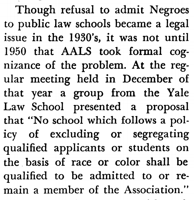 In December 1950, a group of faculty from  @YaleLawSch proposed a non-discrimination rule: A school can't be allowed as an AALS member if it discriminates on the basis of race. Desegregate, or the school is booted out of  @TheAALS. https://www-jstor-org.libproxy.berkeley.edu/stable/25719902?seq=1#metadata_info_tab_contents