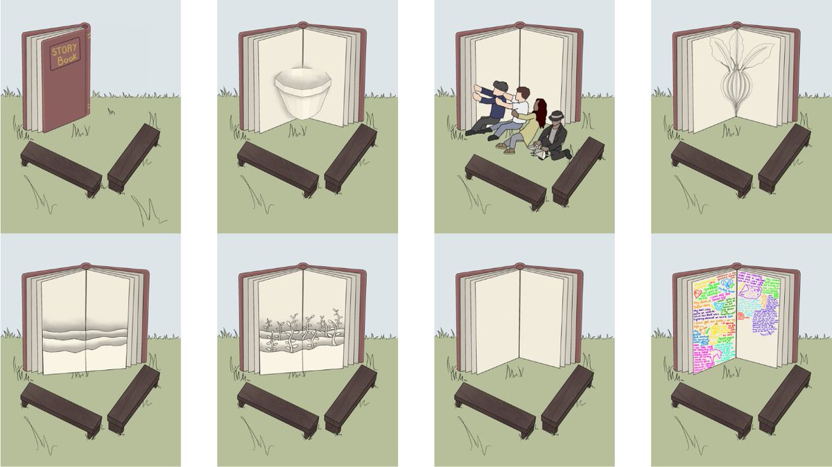 really happy with this fun little design for a simple story telling stage with a pop up book creating different backdrops where people can listed to different short stories and share their own stories on the empty pages