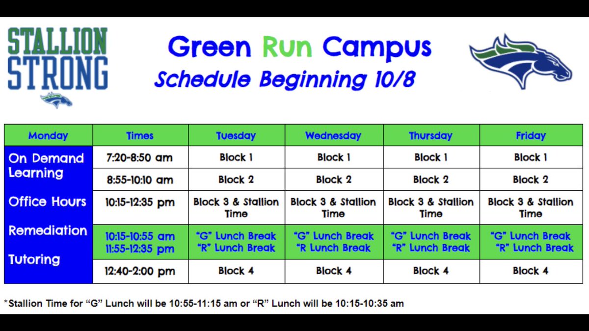 We can’t wait to see some of our 9th grade students back tomorrow in person! Please see the attached instructional schedule. Your teachers will let you know if you are G or R lunch!!💙💚Let’s do this, Stallion Family⭐️<a href="/GRHSPTSA/">PTSA Green Run HS 💚💙🐎</a>