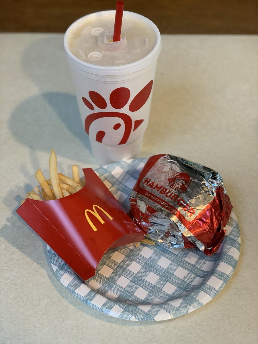 This took some doing, but created the best fast-food meal. Fries, @McDonalds of course. Bacon burger from @Wendys and lemonade from @ChickfilA Fight me. #fastfood #covid #mmmmm