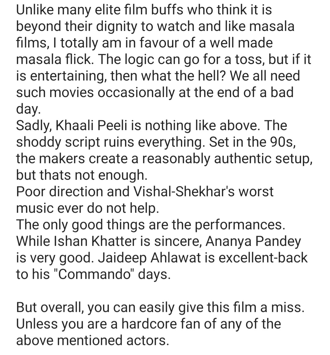 136. KHAALI PEELI @ZeeplexOfficialI am not against masala flicks, but this one is a badly made film that is best left avoided, despite some good performances.Rating- 5/10. @ananyapandayy  @maqbool_khan @JaideepAhlawatMy review below-