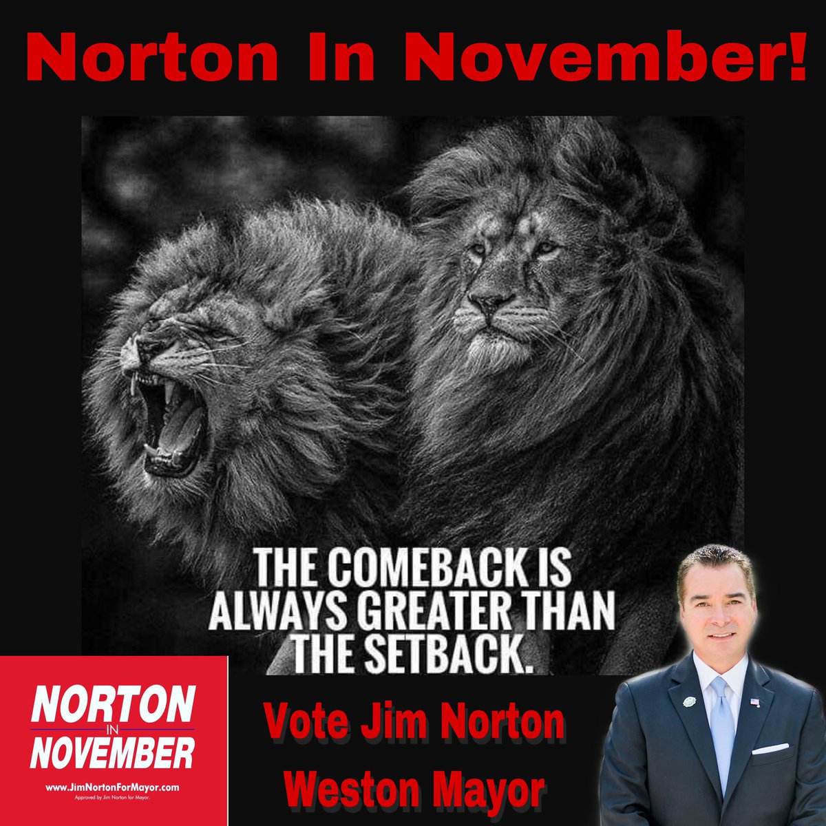 #NortonInNovember
#JimNorton #VoteJimNorton #WestonMayor
#Weston #WestonFlorida
#WestonianParty
#JimNorton2020
#MunicipalExperience #CommunityService #Leadership #Vote2020 #NonPartisan

Approved by Jim Norton for Mayor