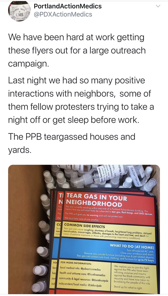 7/ where this gets interesting is over the next few days, antifa-affiliated medic collectives are going to visit these people and others in neighborhood, as a form of community aid/outreach with sanitizer and flyers blaming the police: