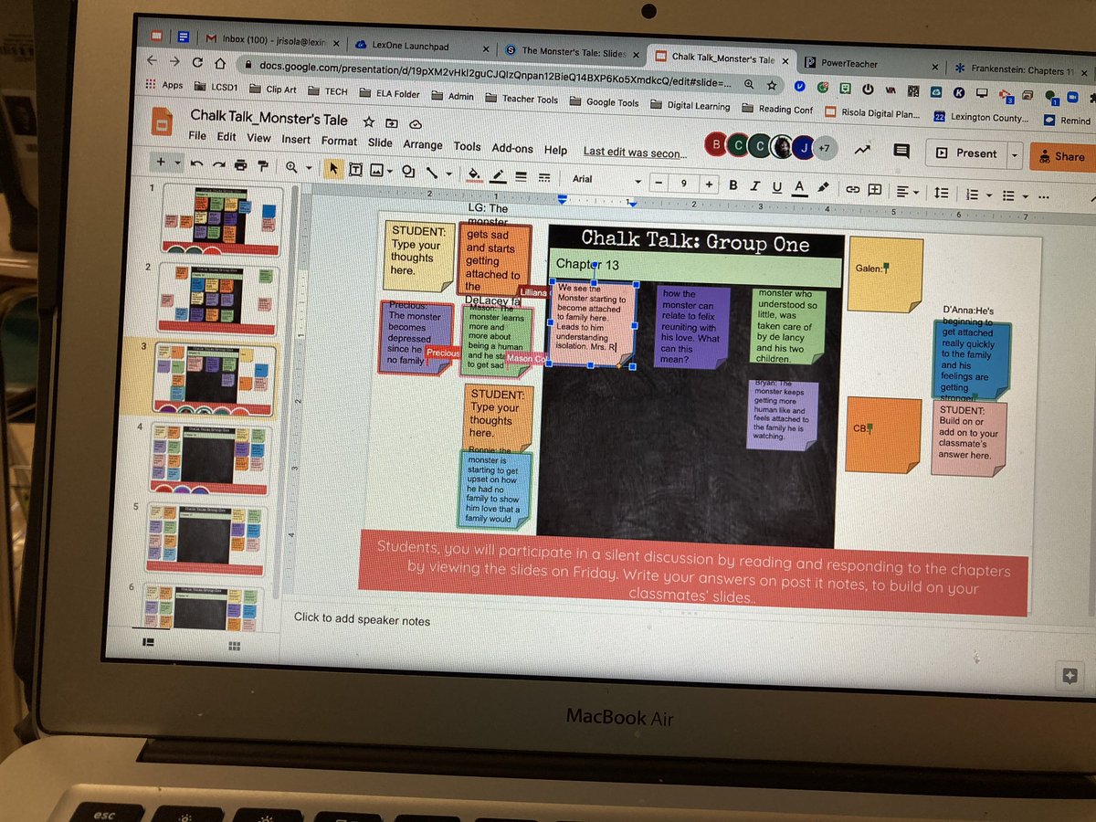 Chalk Talk during chapter presentations worked better than planned! Ss built on ideas by writing and moving sticky notes. #lex1literacy #everyoneengaged