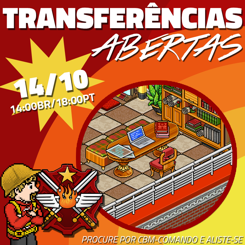 cbmhabbo's tweet photo. Olá, bombeiros. Nossa sala de transferências abre no dia 14/10! Venha fazer parte dessa história! E que tal comemorar em grande estilo...

🚨SORTEIO🚨
Prêmio: 1 CAIXA DE HC + 1 BARRA

🔥 Regras:
• Seguir @cbmhabbo
• 🔃RT e ♥️FAV
• Marque 1 amigo jogador do Habbo hotel

Fogo!🔥 https://t.co/zNyNcoD2No