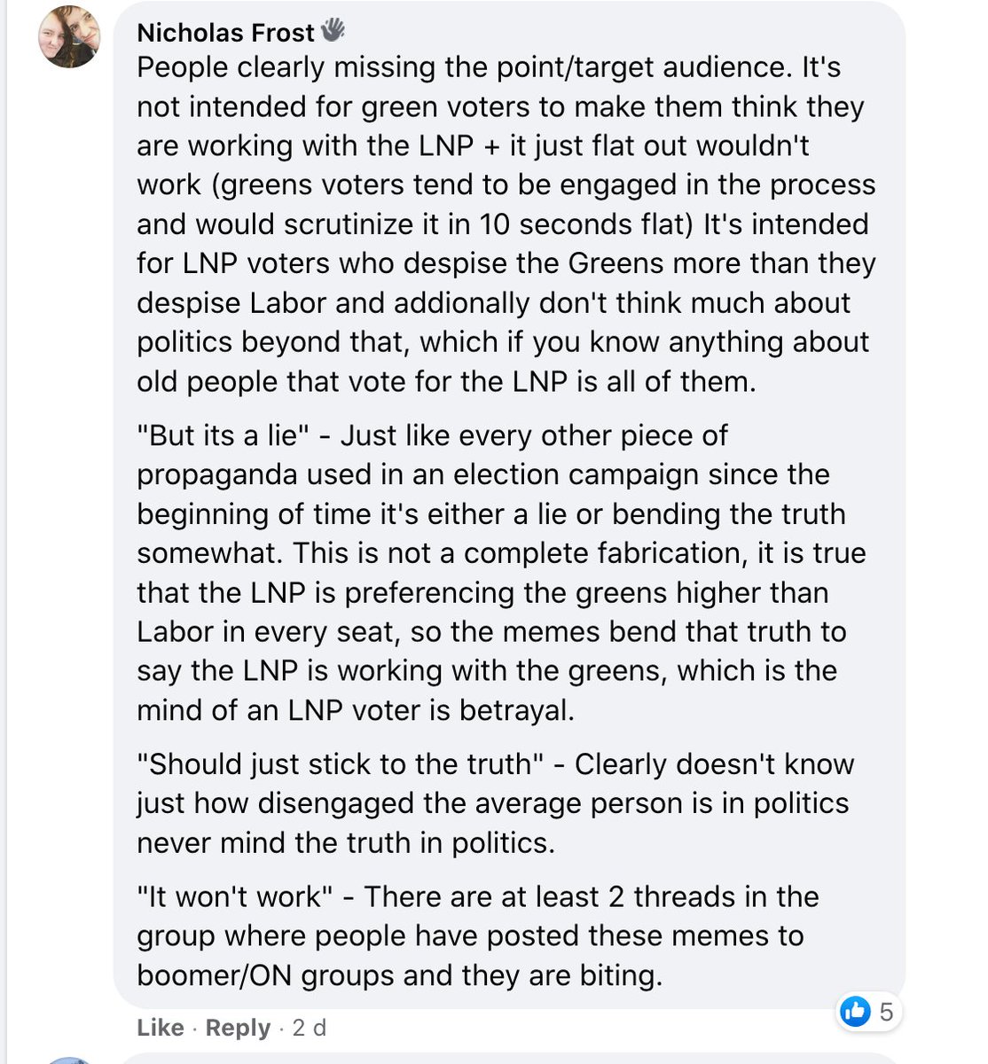  #FriendlyJordies willing fanboys are OK with using lies & propaganda for political campaigning, discussing how to best manipulate Boomers & fool them into believing the propaganda. Well articulated here -  #auspol