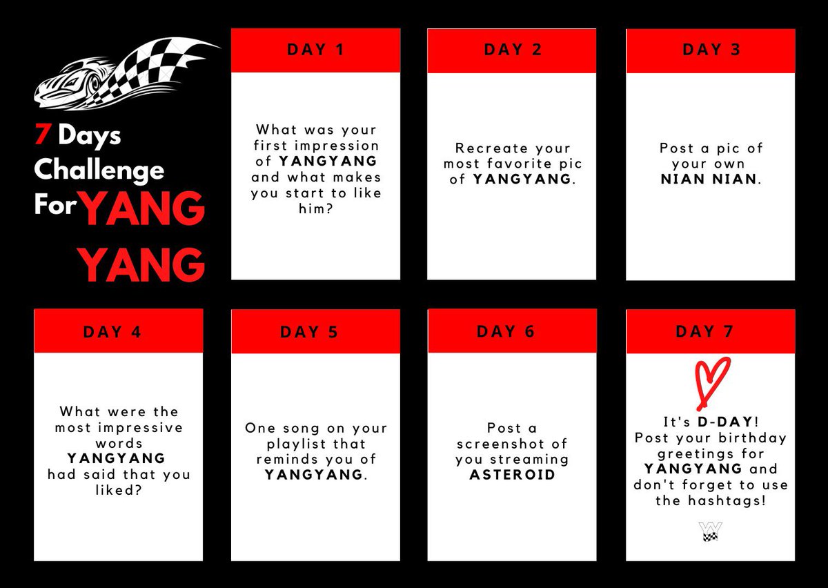 𝟕 𝐃𝐀𝐘𝐒 𝐂𝐇𝐀𝐋𝐋𝐄𝐍𝐆𝐄 𝐅𝐎𝐑 𝐘𝐀𝐍𝐆𝐘𝐀𝐍𝐆In order to welcome Yangyang's birthday, we made 7 Days Challenge for everyone to join! The photo below are the details of the challenge. We'll post the challenges starting tomorrow, Oct 4 every 00 CST til D-Day! 