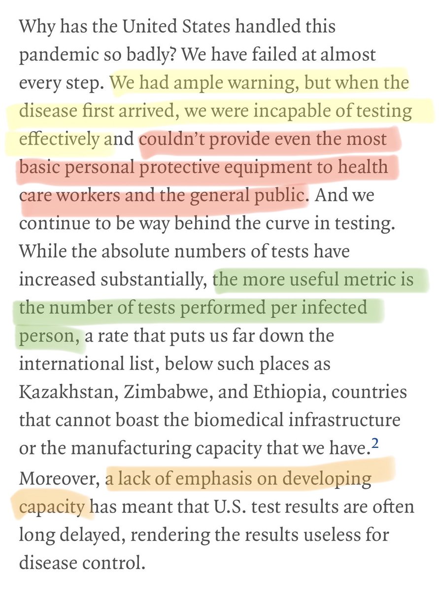 First, was the early warning of SARSCoV2 ignored? As I recall, early travel bans were viewed as xenophobic. Regarding testing, it should be justified *why* tests/infected person is a better metric (just cite). And was there really a lack of emphasis of developing capacity?